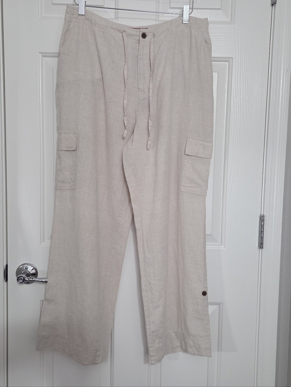 Caribbean Joe 100% Linen Cream/Light Tan Pants Women's Sz 16 W/ Roll Tab Option